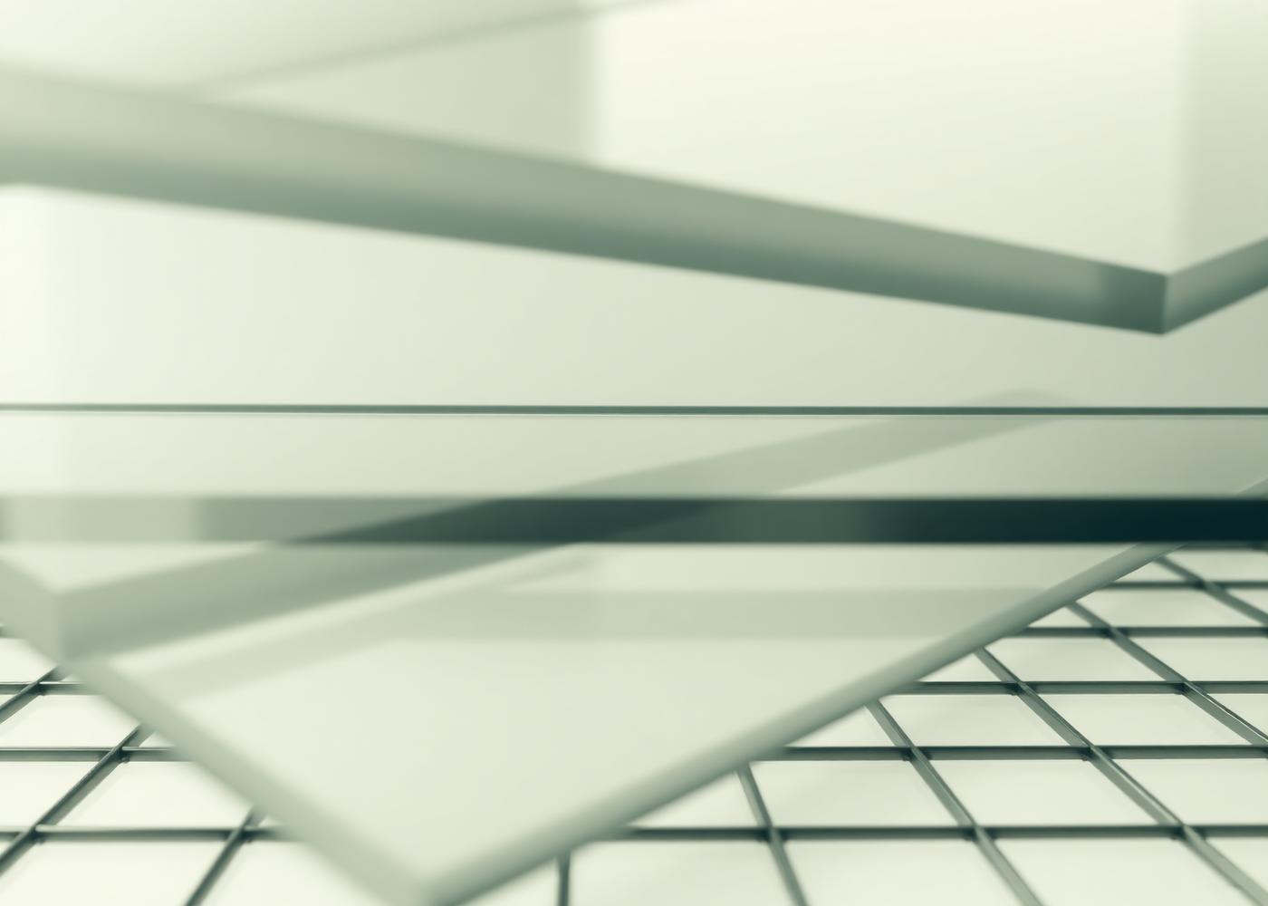Stacked translucent planes over a grid, illustrating layered technical structure