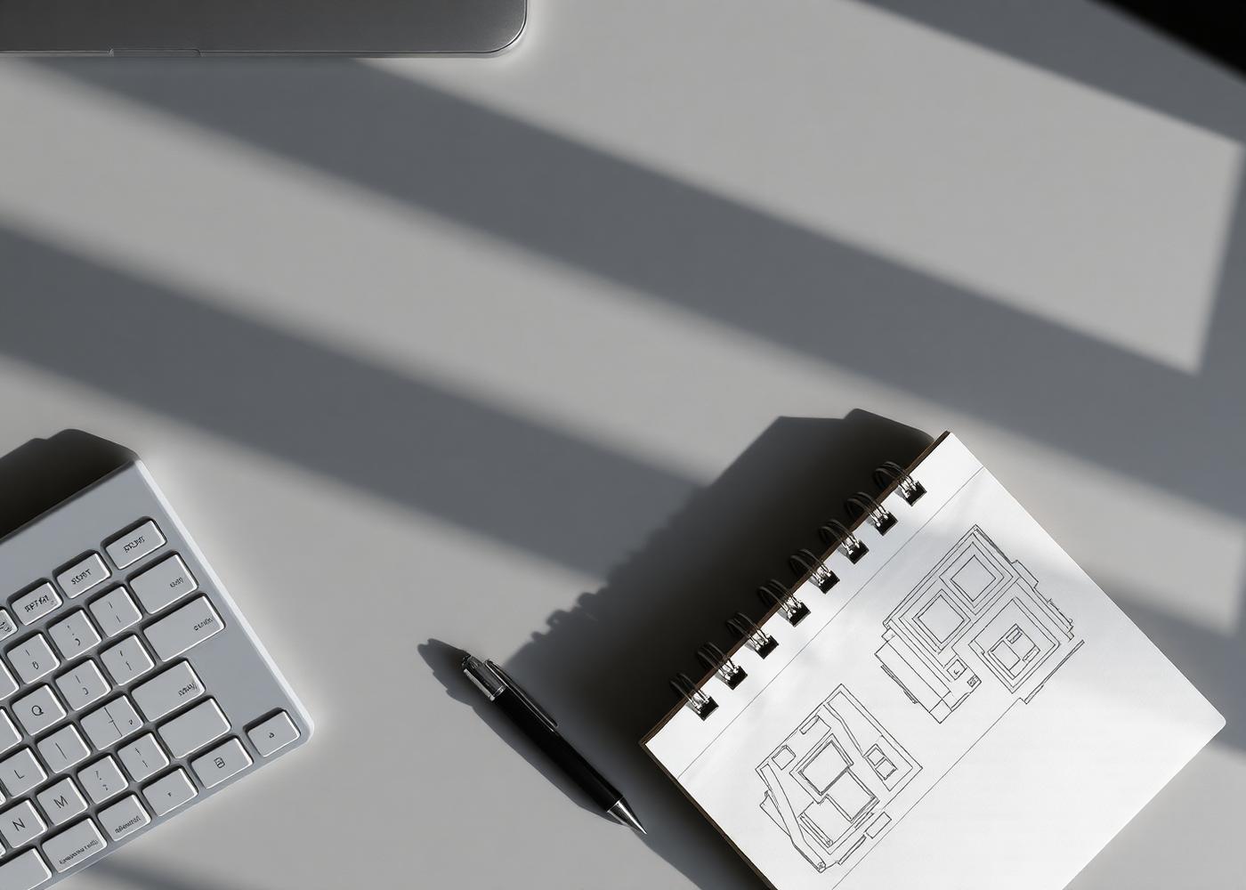 Desk with keyboard and a sketchbook of interface layouts in daylight